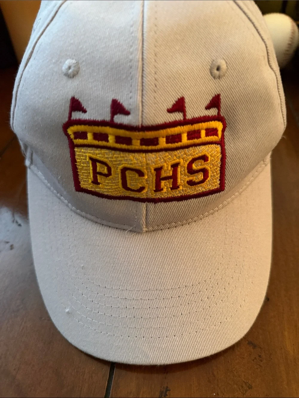 PCHS Embroidered Kids Baseball Cap - Cream with Gold & Red Logo